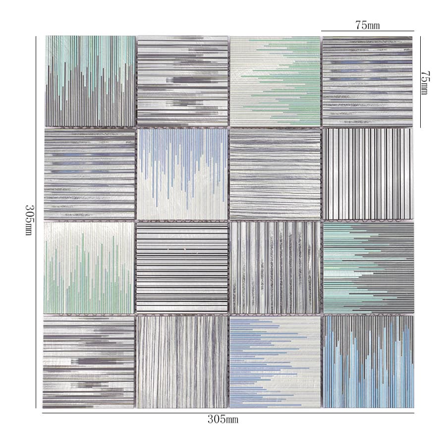 Square aluminum linear textured mosaic tile sheet with size measurements
