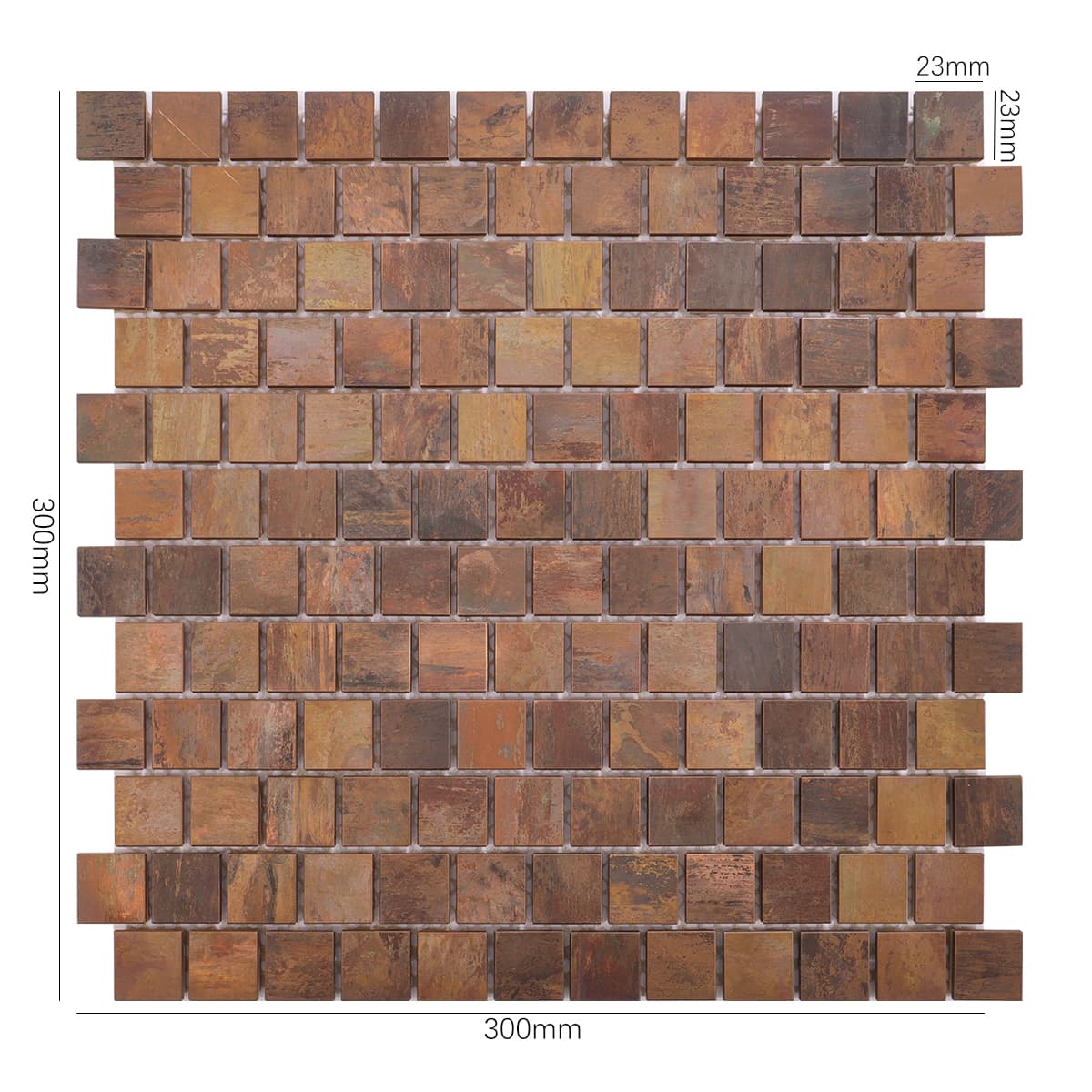 Square mosaic tile with rustic copper surface, full sheet front view