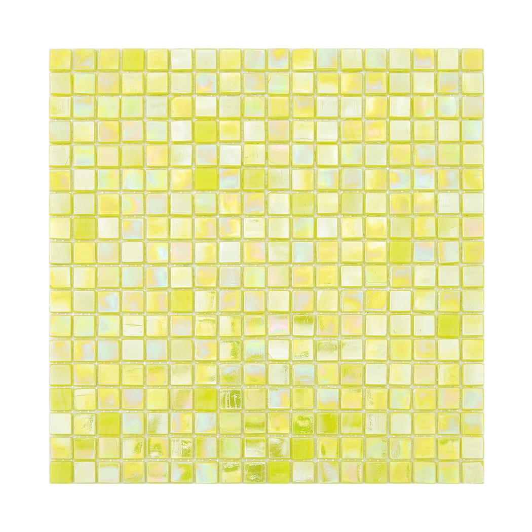 A full square sheet of iridescent yellow glass mosaic tiles on a white background.
