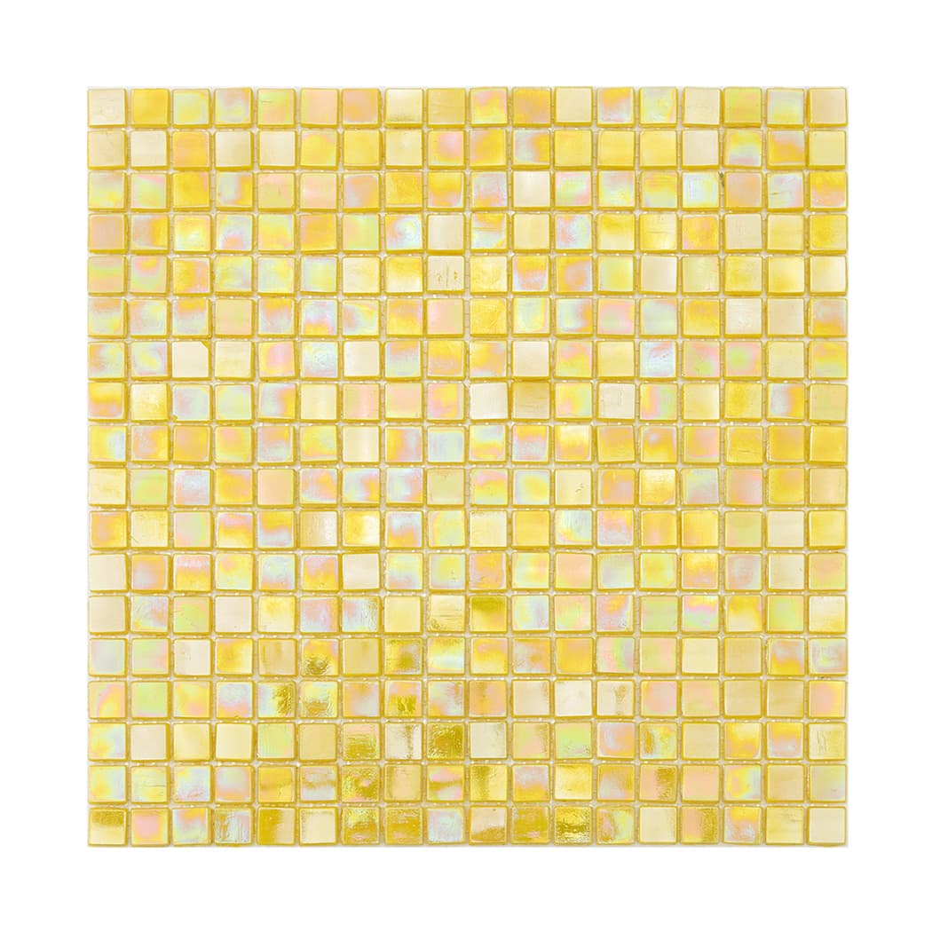 A full square sheet of iridescent yellow glass mosaic tiles against a white background.
