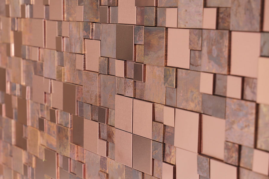 Square metallic copper 3D wall tiles with mixed finishes