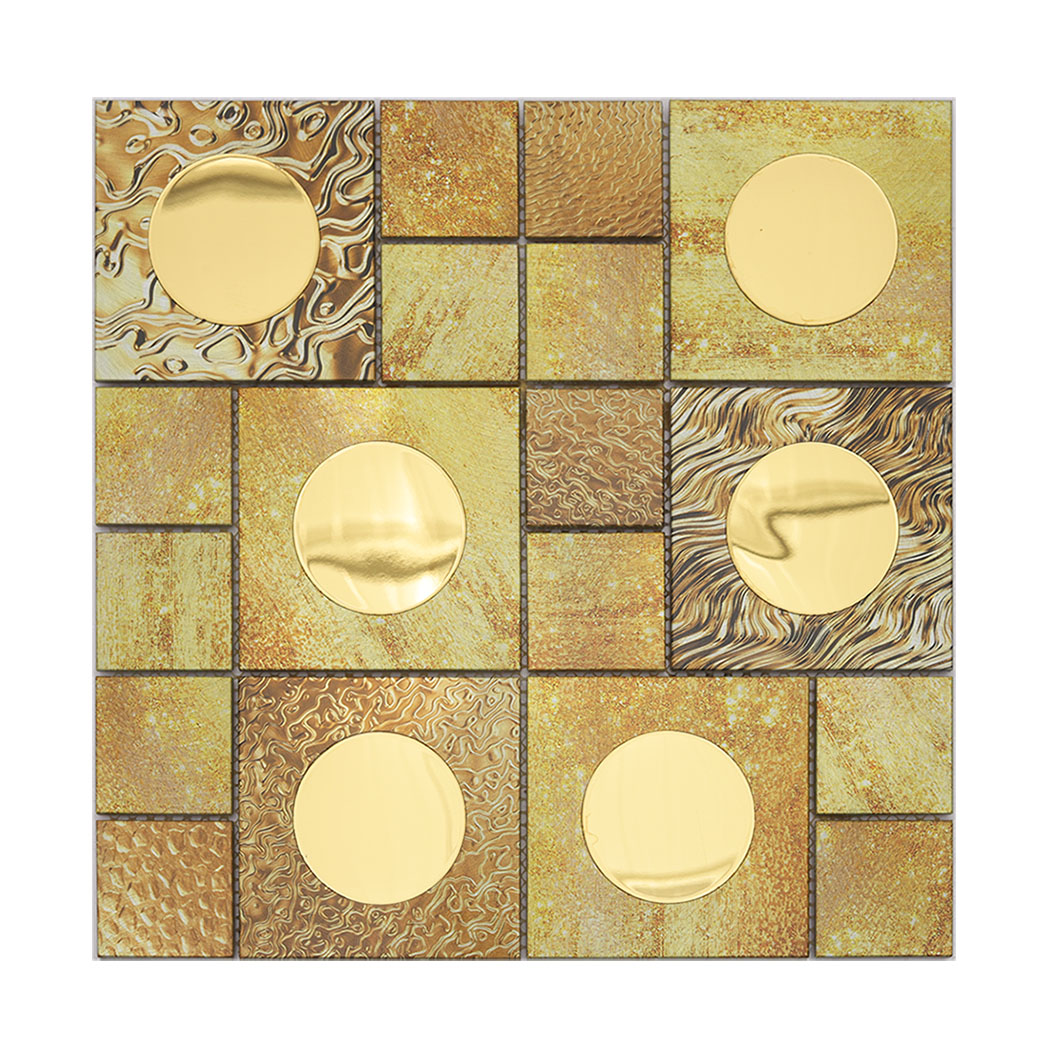 A top-down view of a square gold mosaic tile sheet with metallic circular accents.