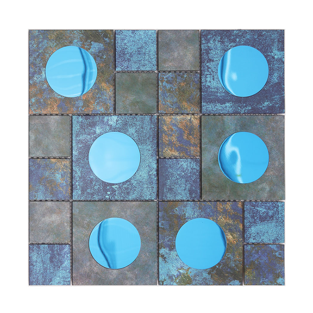 Top view of a square bronze aluminum metal mosaic tile sheet with blue glass accents.