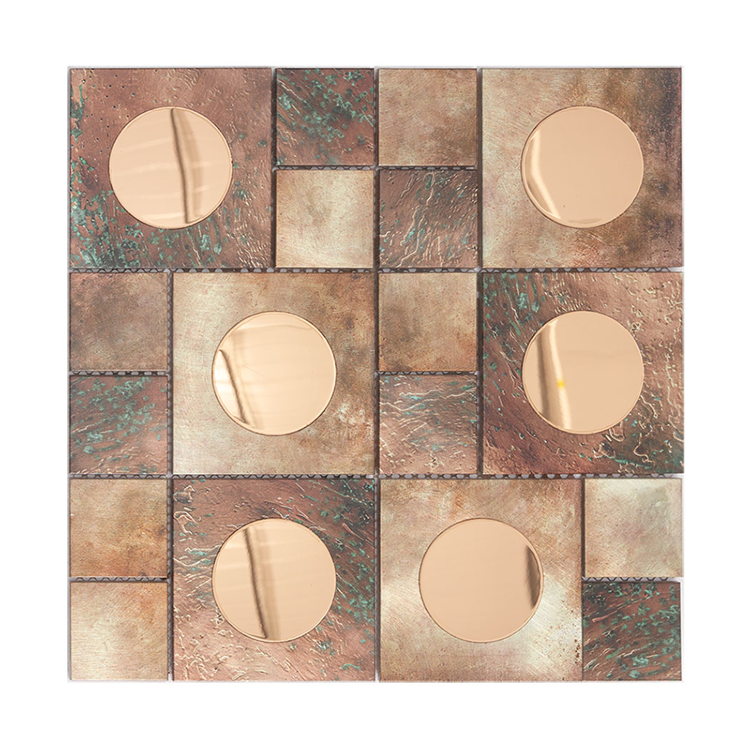 Top view of a square patina bronze aluminum metal mosaic sheet with copper glass circles.