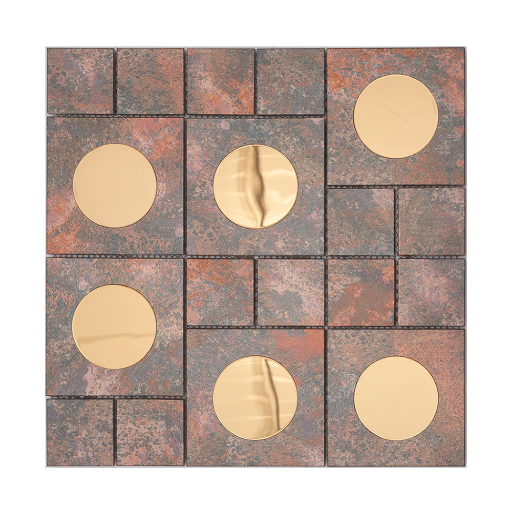 Top view of a square patina bronze aluminum metal mosaic tile sheet with gold glass circles.