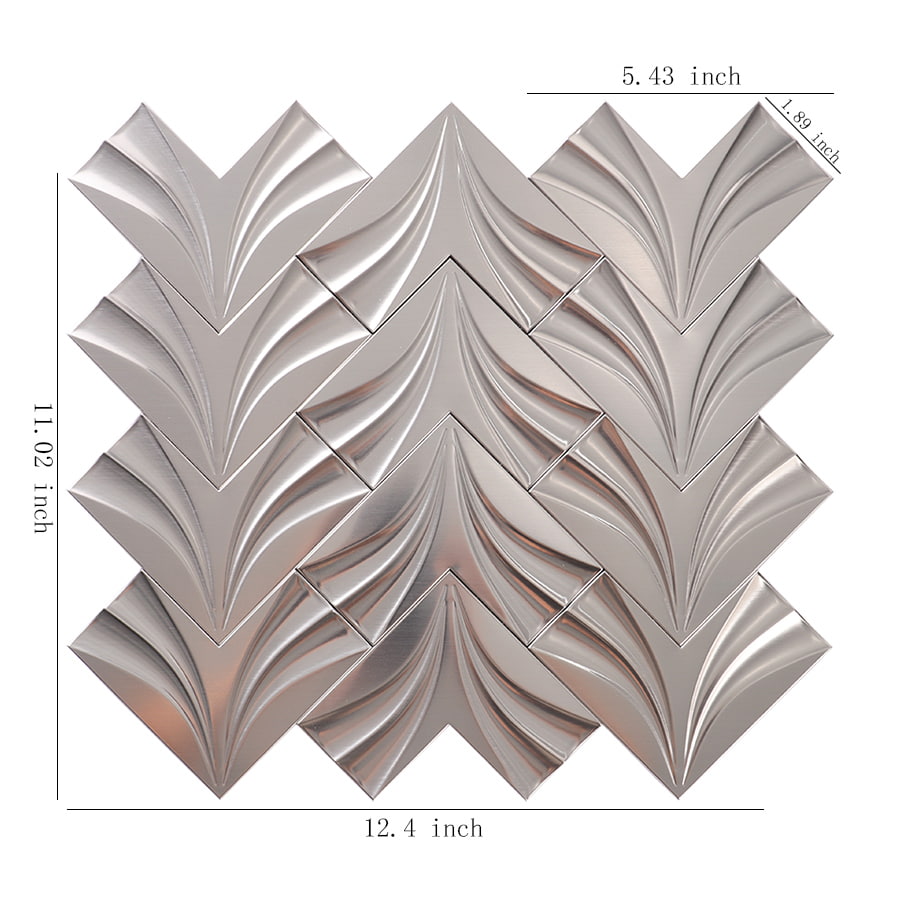 Stainless steel chevron tile sheet with visible inch size measurements