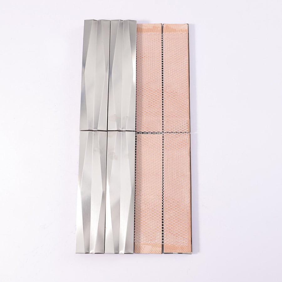Back view of stainless steel silver 3D strip tile with mesh backing