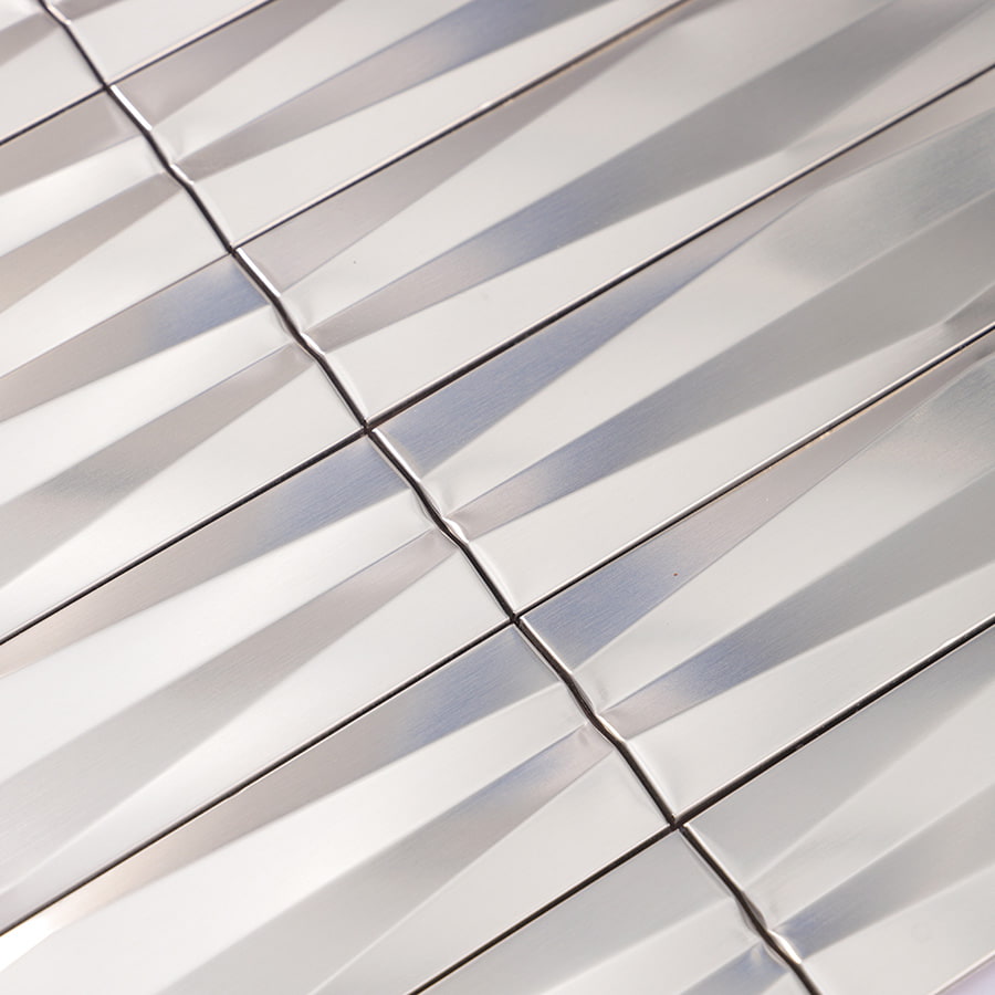 Close-up of stainless steel silver 3D strip tile surface