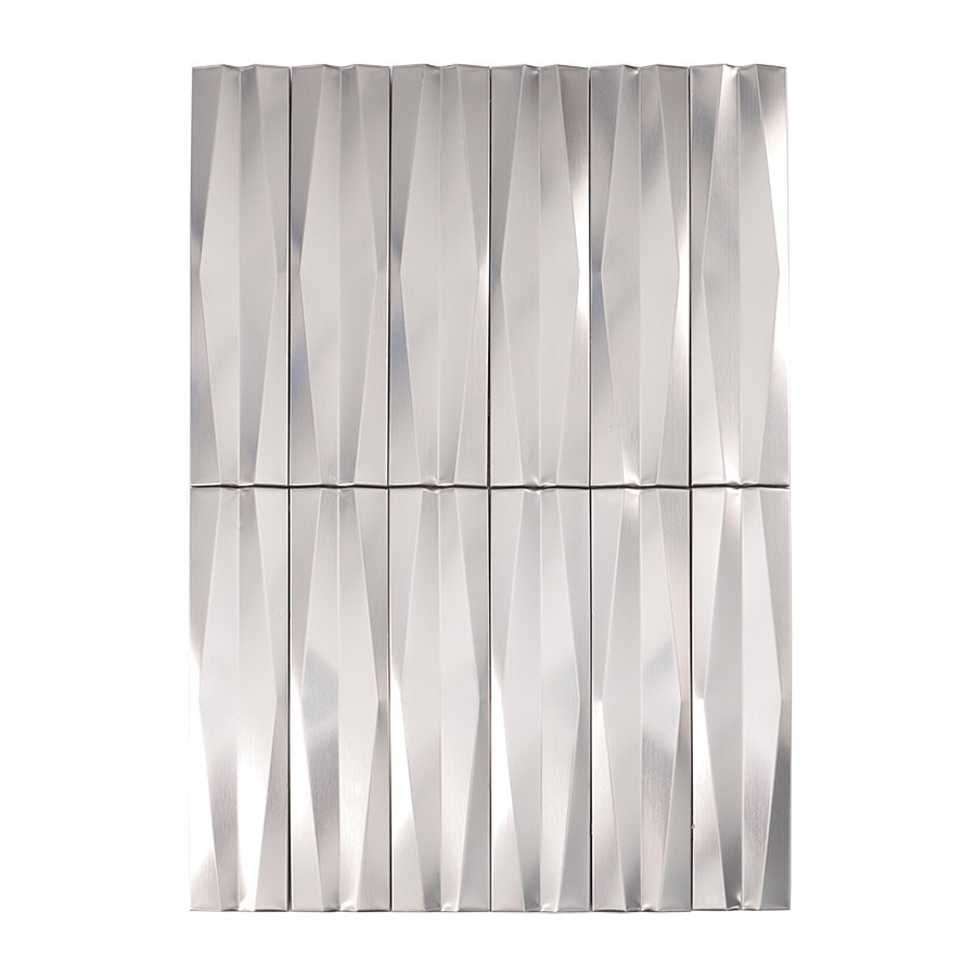 Front view of stainless steel silver 3D strip wall tile