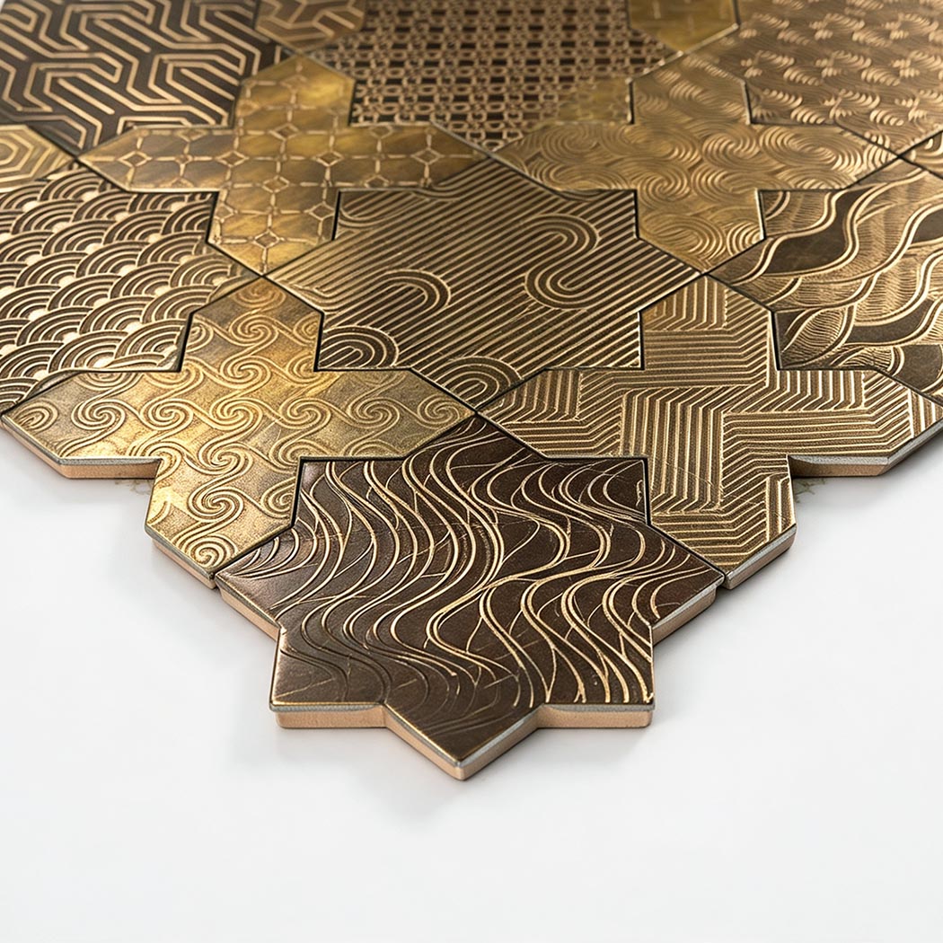 Low angle side view showing chip depth of gold aluminum mosaic tile
