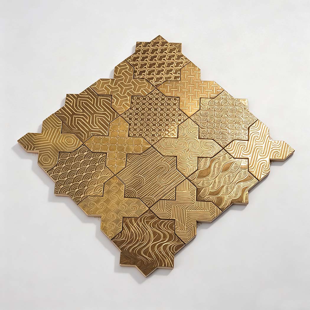 Isometric studio view of star cross patterned gold aluminum mosaic