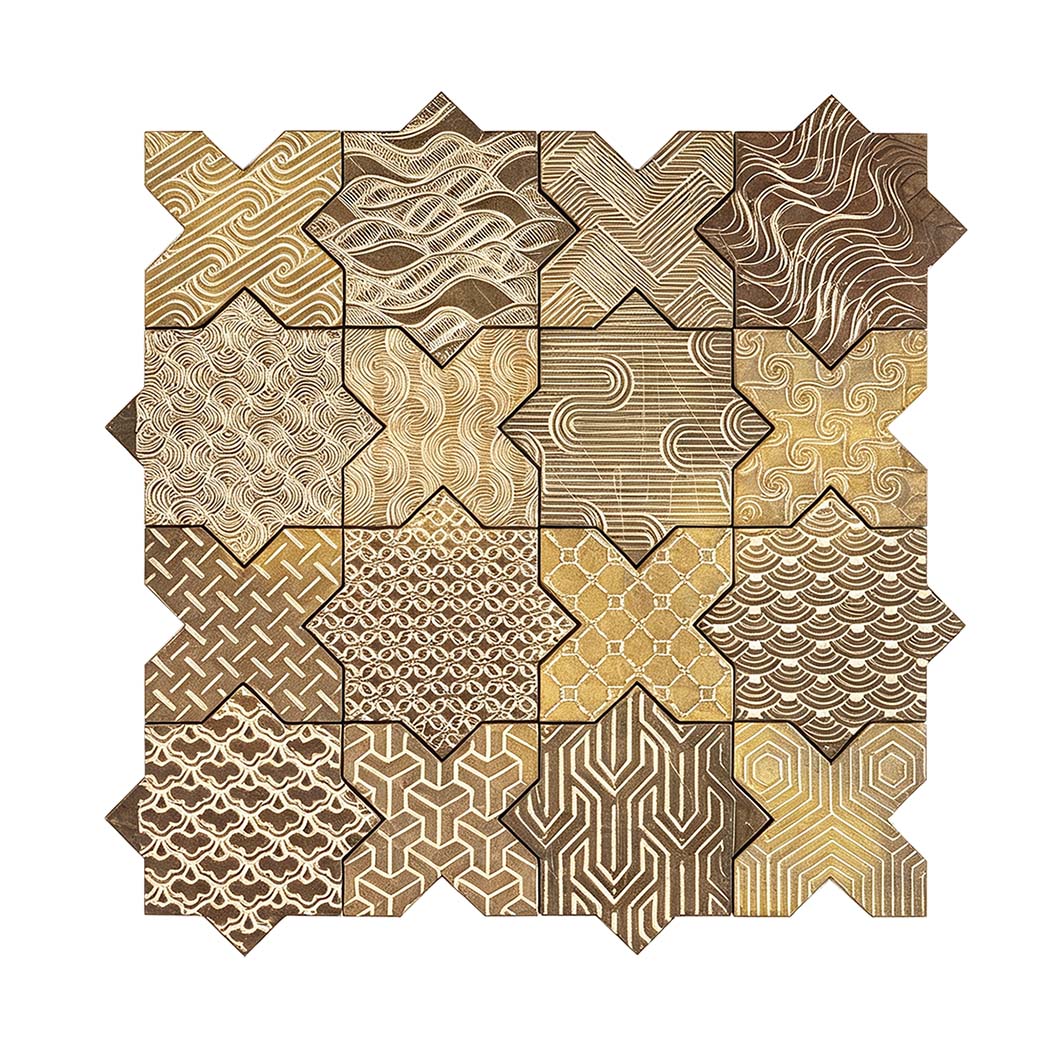 Full sheet top view of patterned gold star cross aluminum mosaic