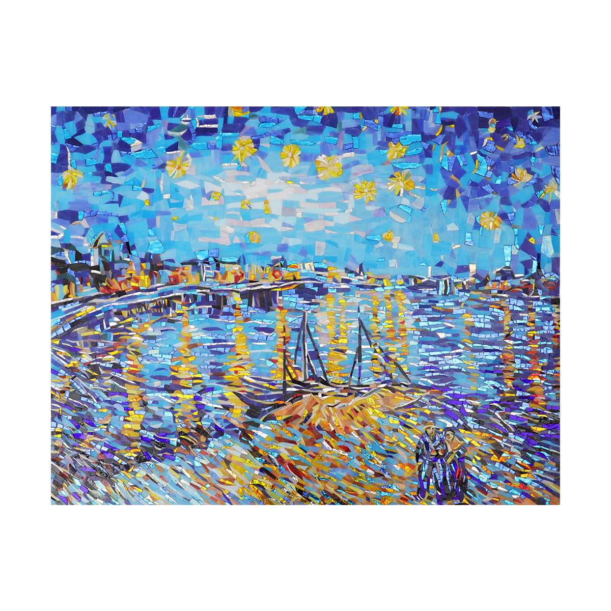Mosaic artwork of a river under starry sky with boats