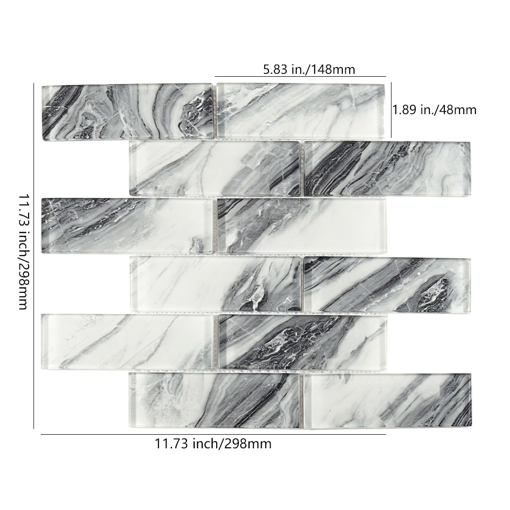 Black gray marble glass subway tile sheet with 5.83 by 1.89 inch chips
