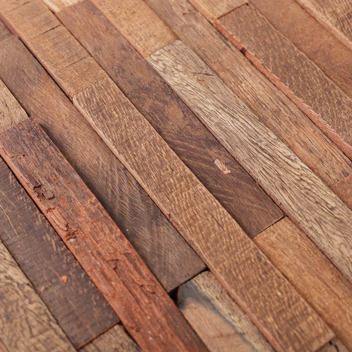 Rustic brown wooden mosaic showing rough cut and color shifts