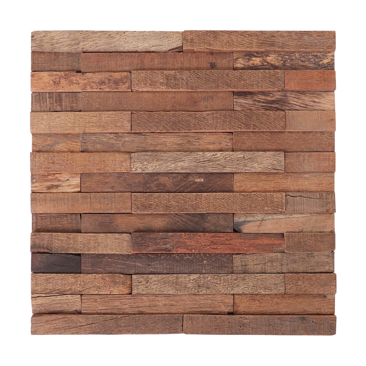 Horizontal strip wood mosaic tile sheet in rustic brown tones