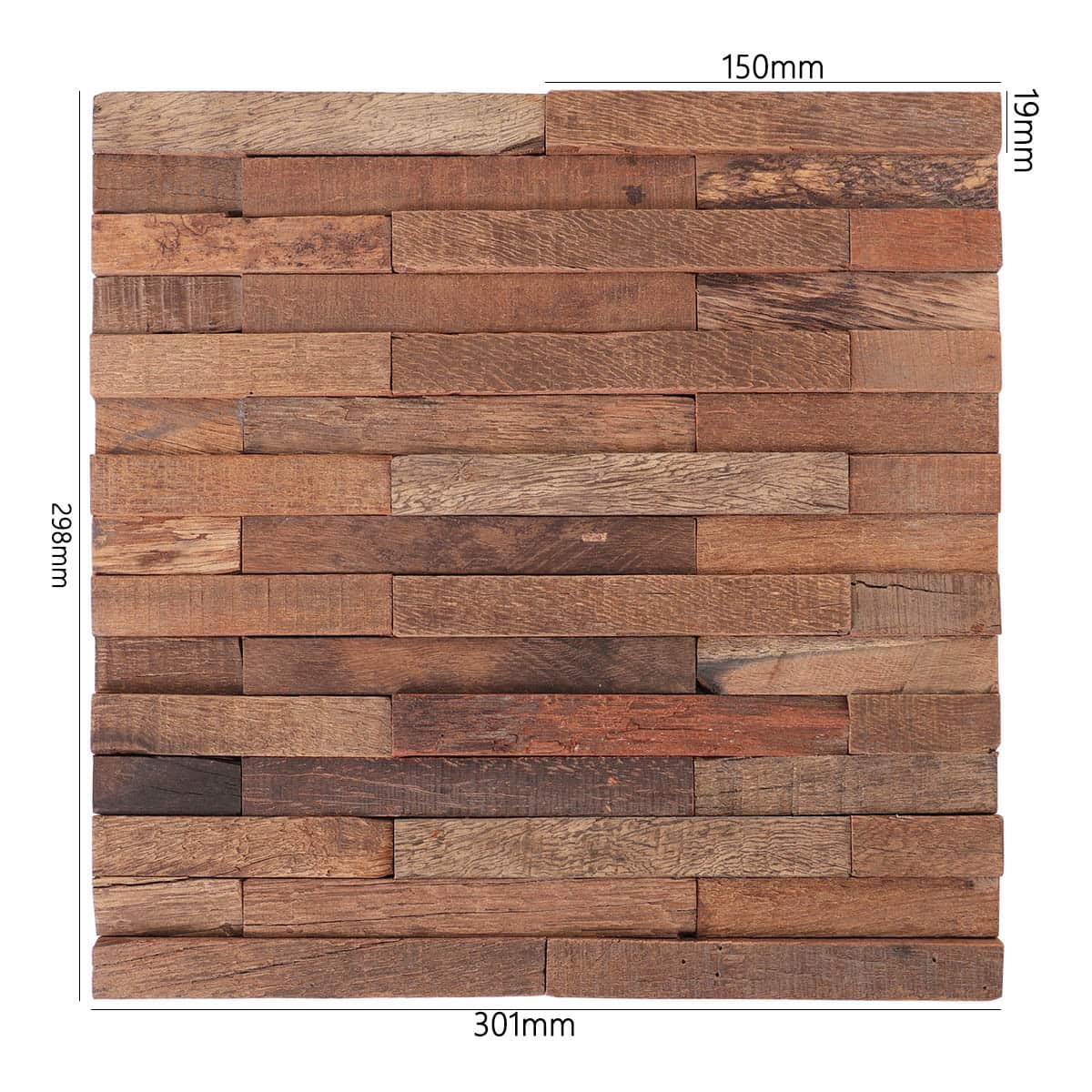 Strip wood mosaic tile sheet labeled 