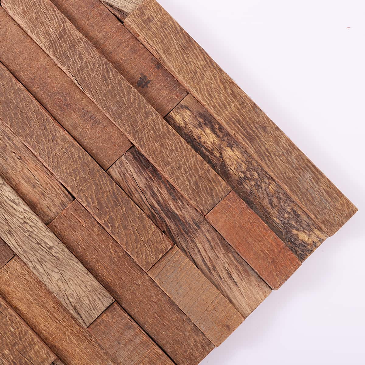 Corner section of stacked wood mosaic with color variation