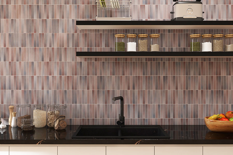 Stylish kitchen backsplash with black countertop and open shelves