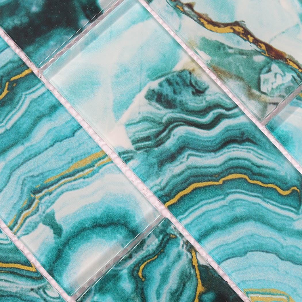 Turquoise agate glass subway tile surface with deep teal waves and gold veins