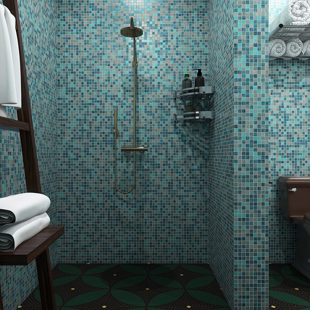 Teal and blue glass mosaic shower wall tile with gold shower and black floor pattern
