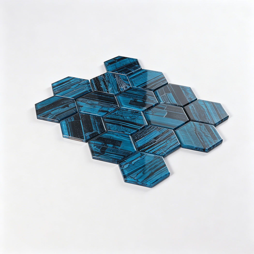Angled display of teal blue hexagon glass mosaic with bold black streaks