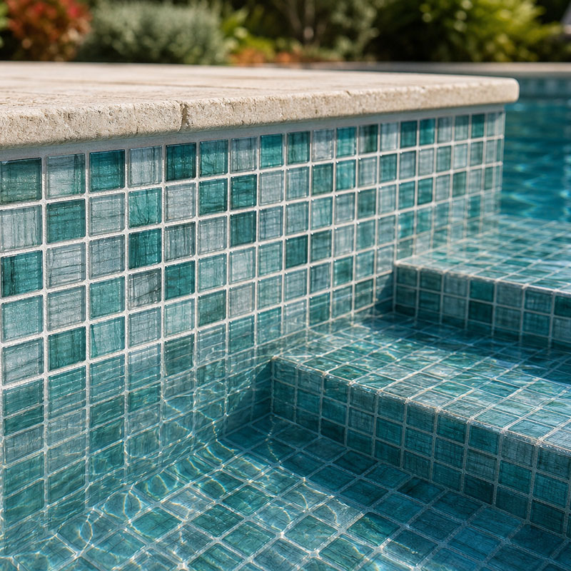 Teal glass mosaic tiles on inground pool steps and wall