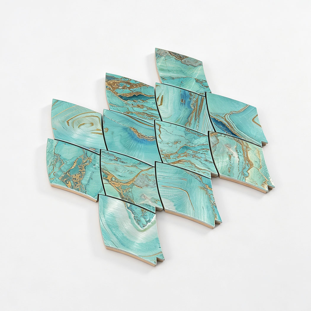 Perspective view of teal and gold leaf shape aluminum mosaic tile