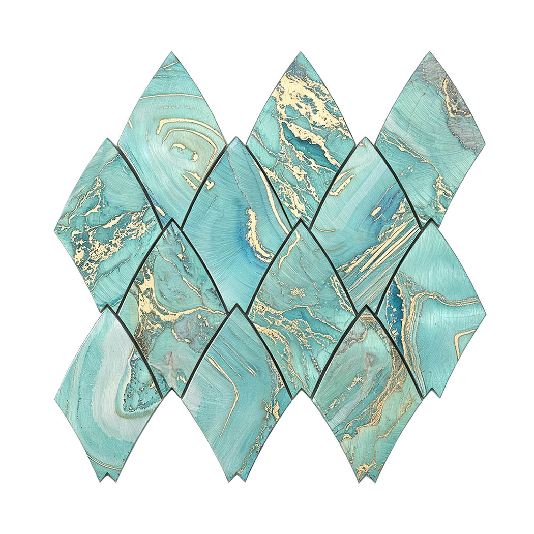 Teal and gold leaf shape marble pattern aluminum mosaic tile sheet