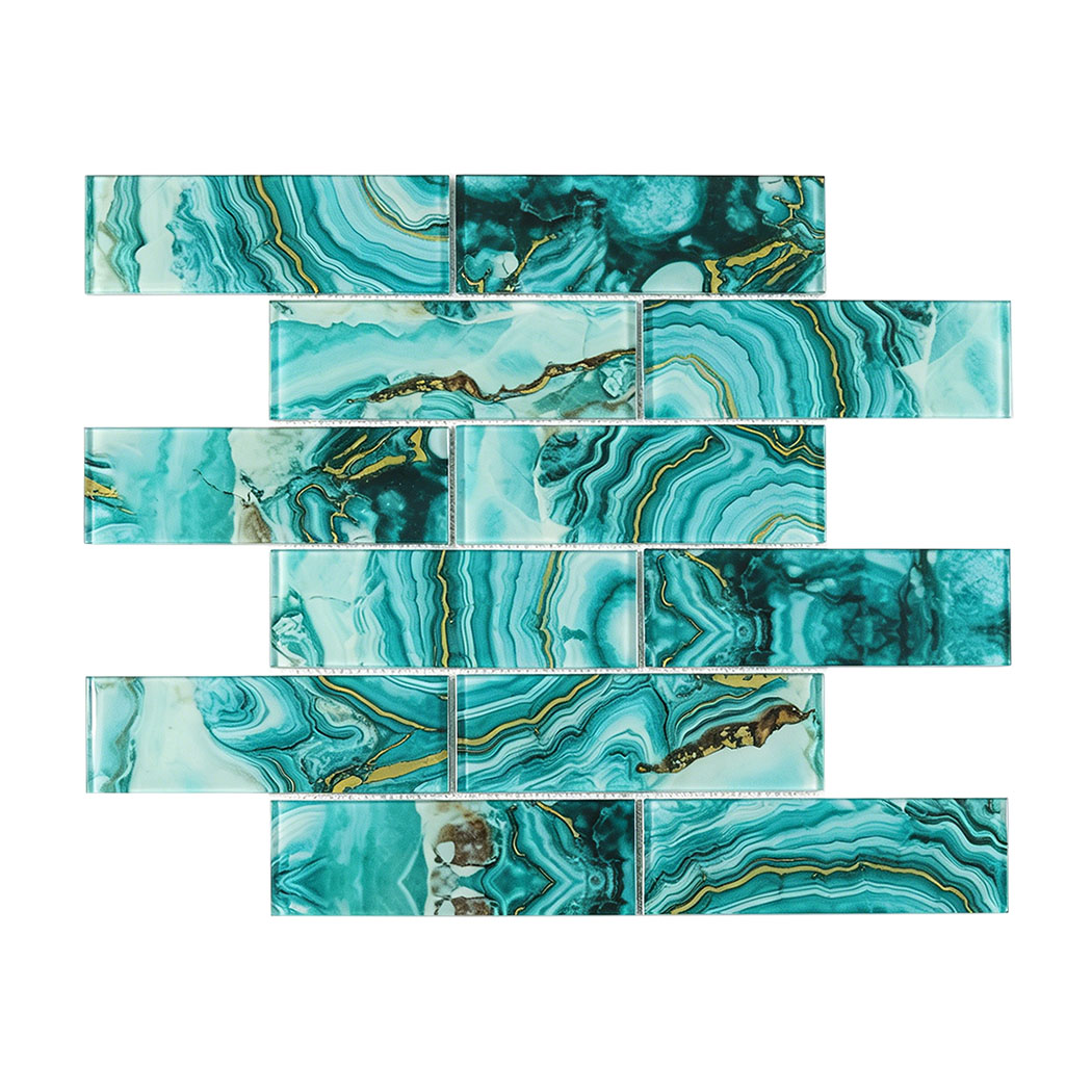 Teal agate glass subway tiles in staggered layout with gold vein details