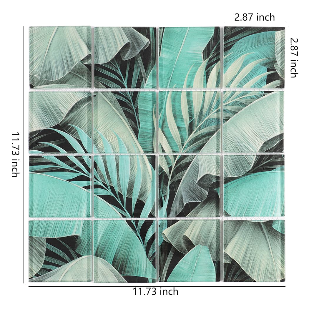 Teal and gray tropical leaf glass mosaic tile sheet with 2.87 inch square pieces