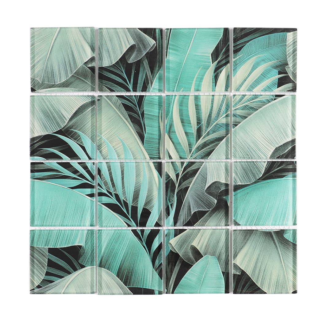 Glossy teal gray and white tropical leaf square glass mosaic tile sheet