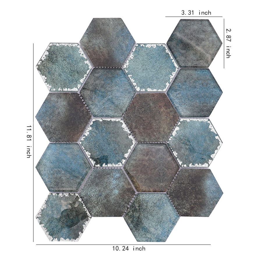 Teal hexagon glass mosaic wall tile sheet with inch measurements
