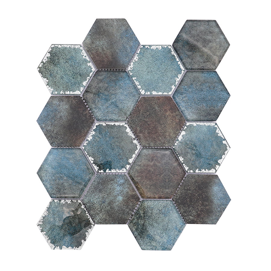 Front view of teal hexagon glass mosaic wall tile with antique mirror effect