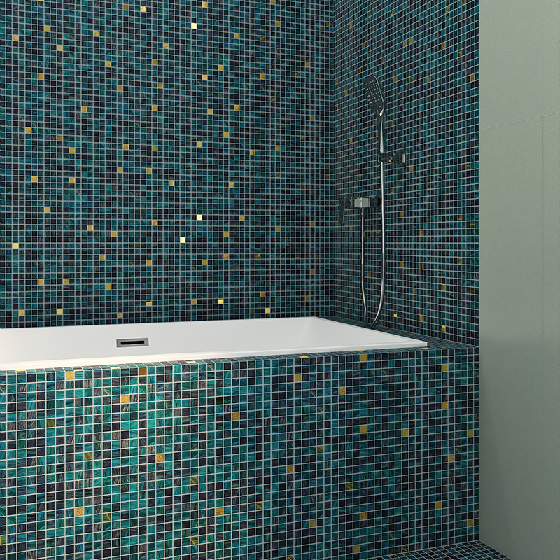 Teal mosaic half-wall bathtub design
