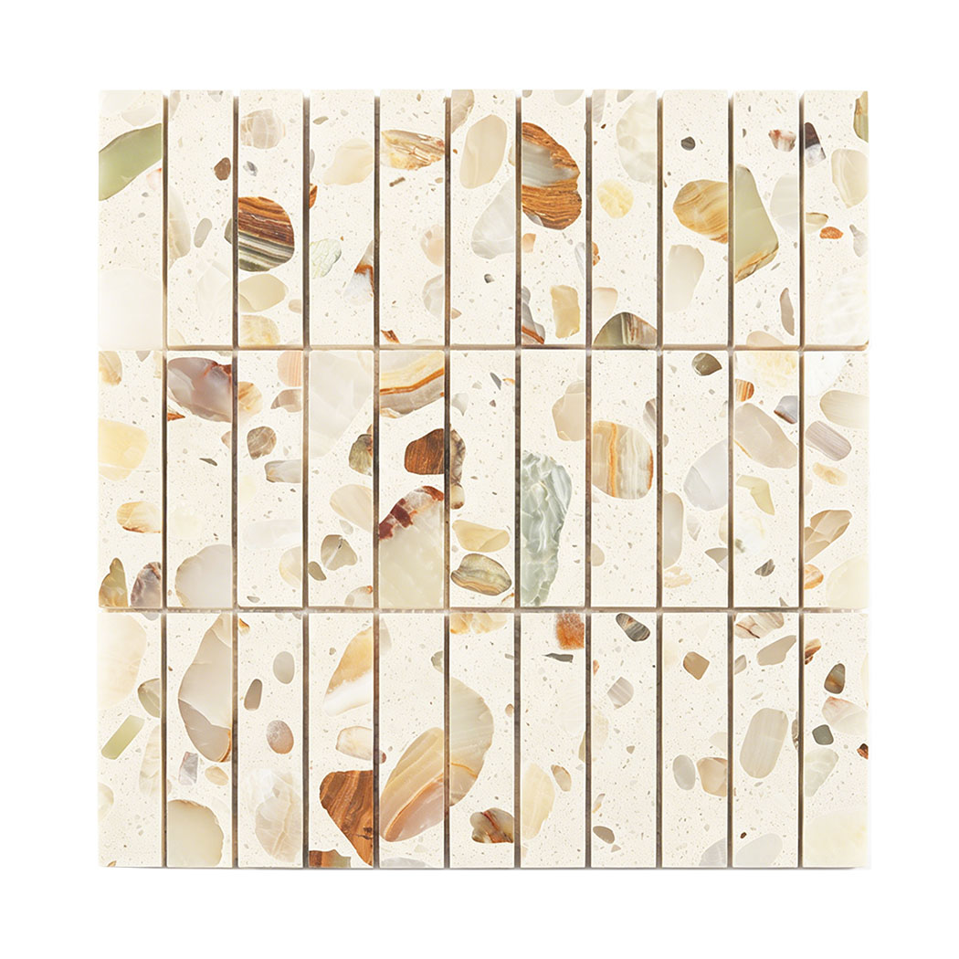 Front view of terrazzo mosaic tile sheet showing rectangular stone chips and natural colors