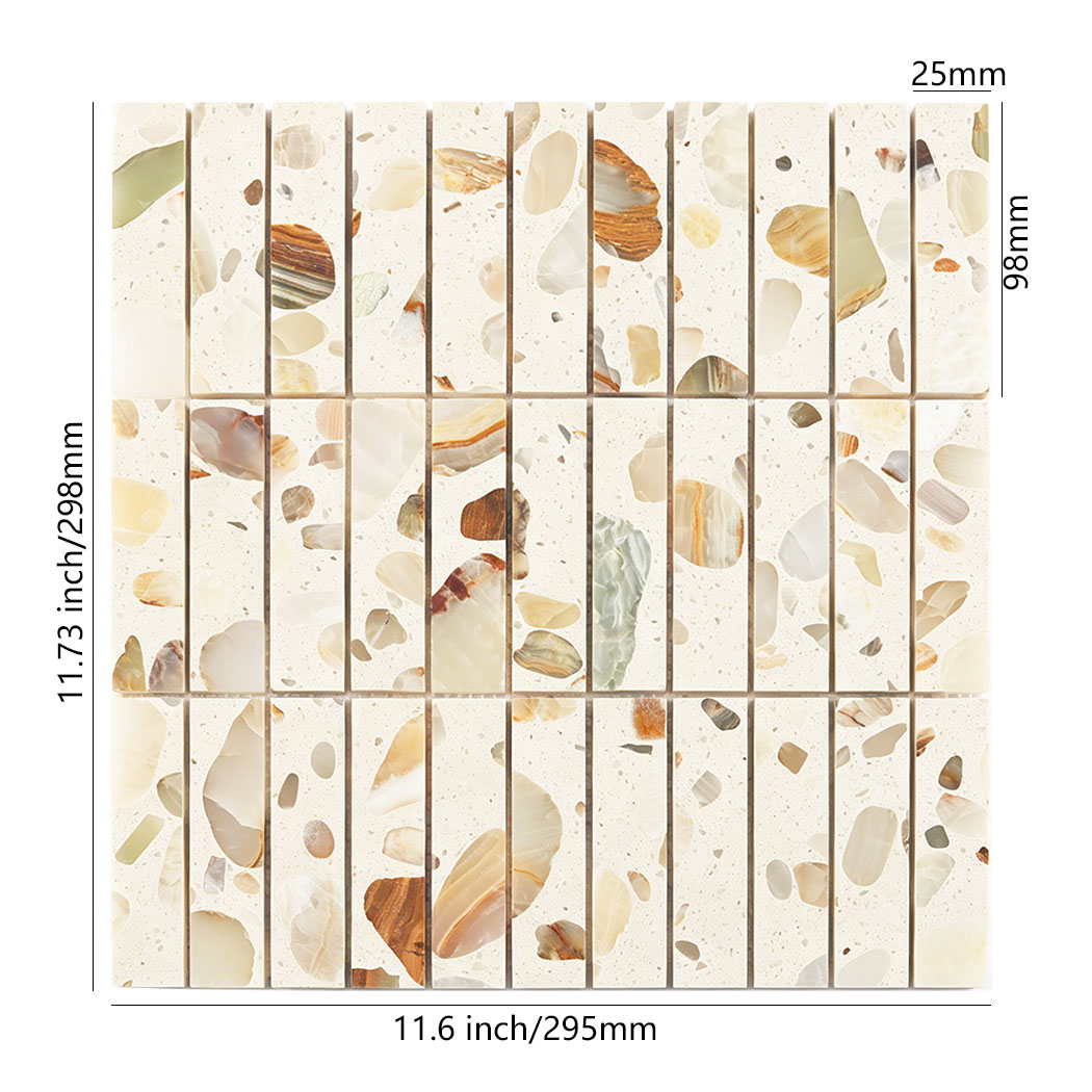 Terrazzo mosaic tile sheet 11.6x11.73 inch with 25x98mm rectangular stone chips