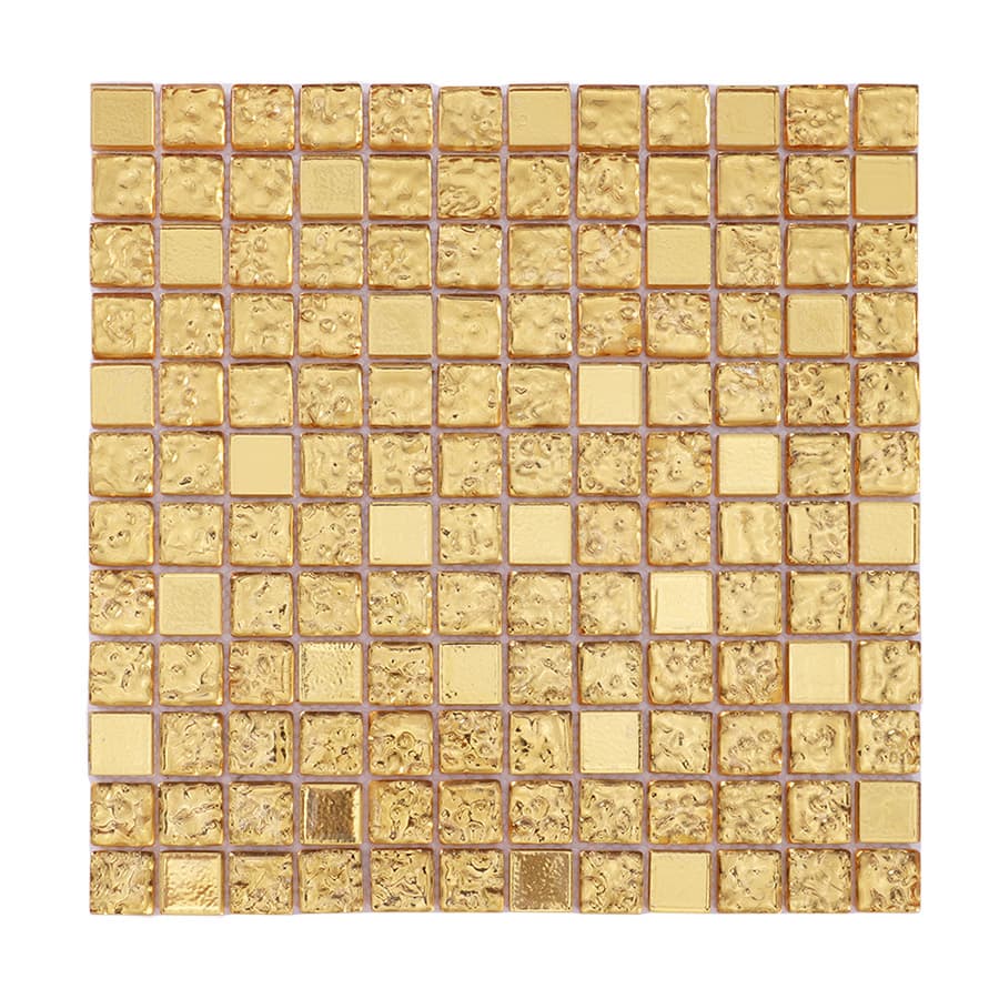 Front view of textured gold glass mosaic tile with square pattern.