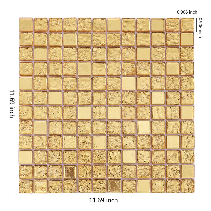 Textured gold glass mosaic tile sheet with size measurements in inches.