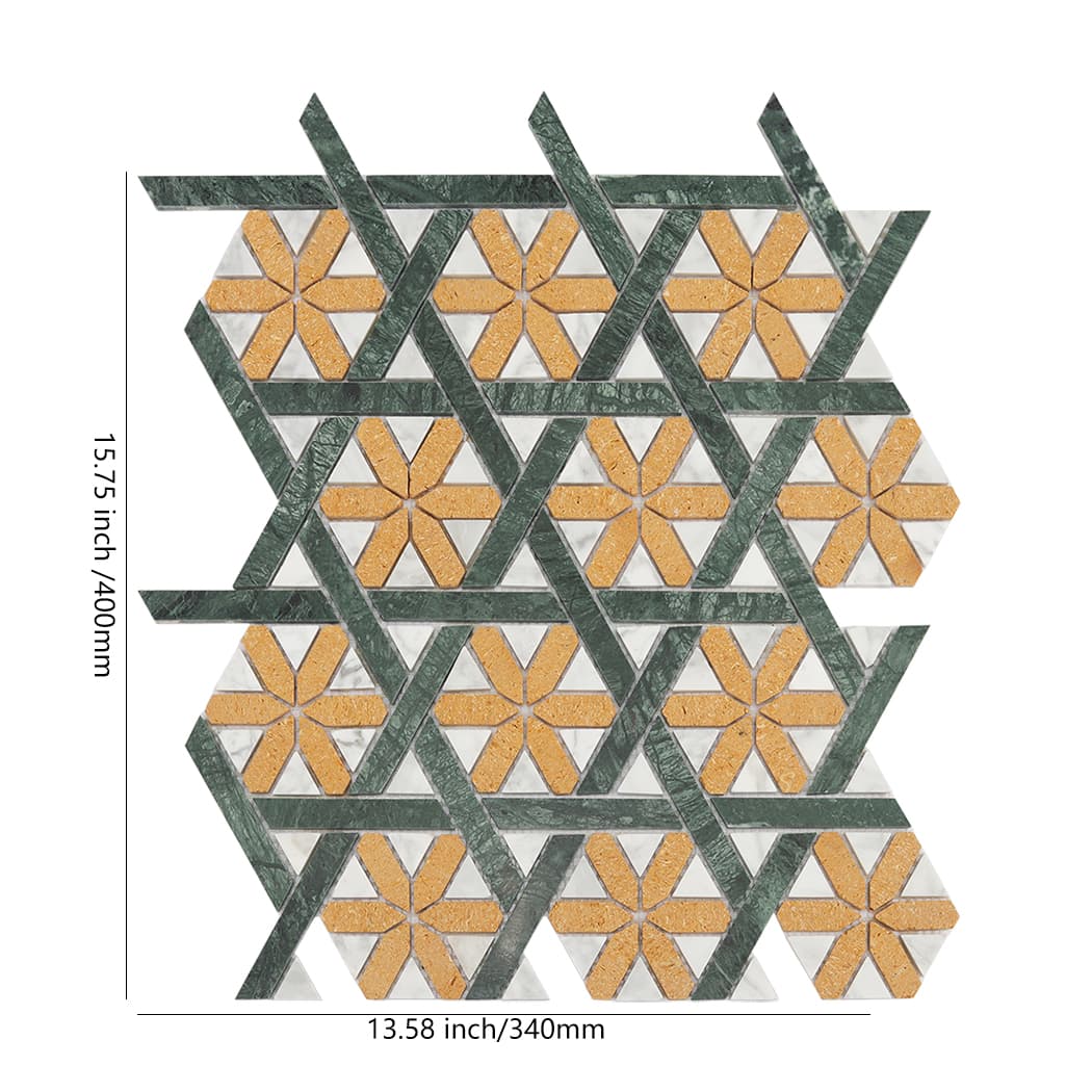 Yellow star pattern marble mosaic tile sheet with measurements in inches and millimeters.