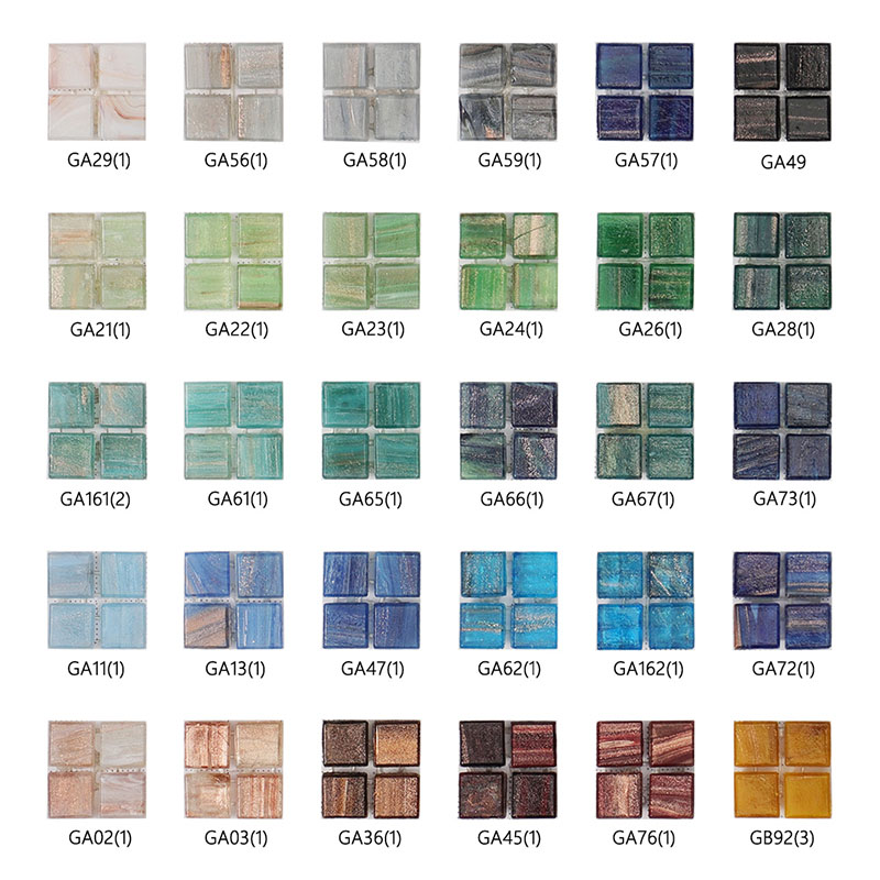 Tiny iridescent glass mosaic tile chart with green, blue, grey, red and gold samples
