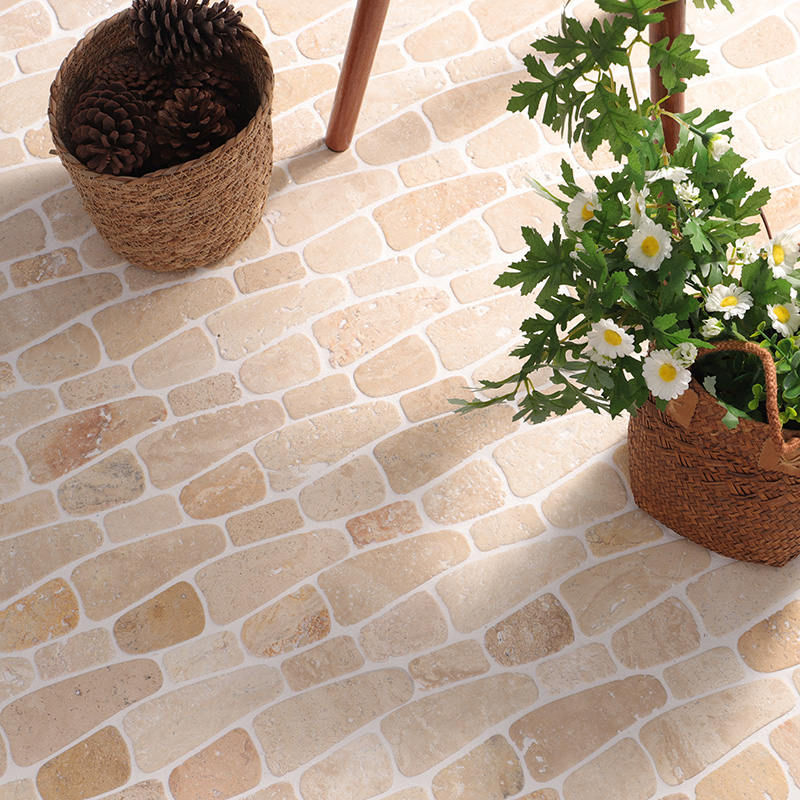 Travertine tile kitchen floor with beige natural stone texture and rustic charm