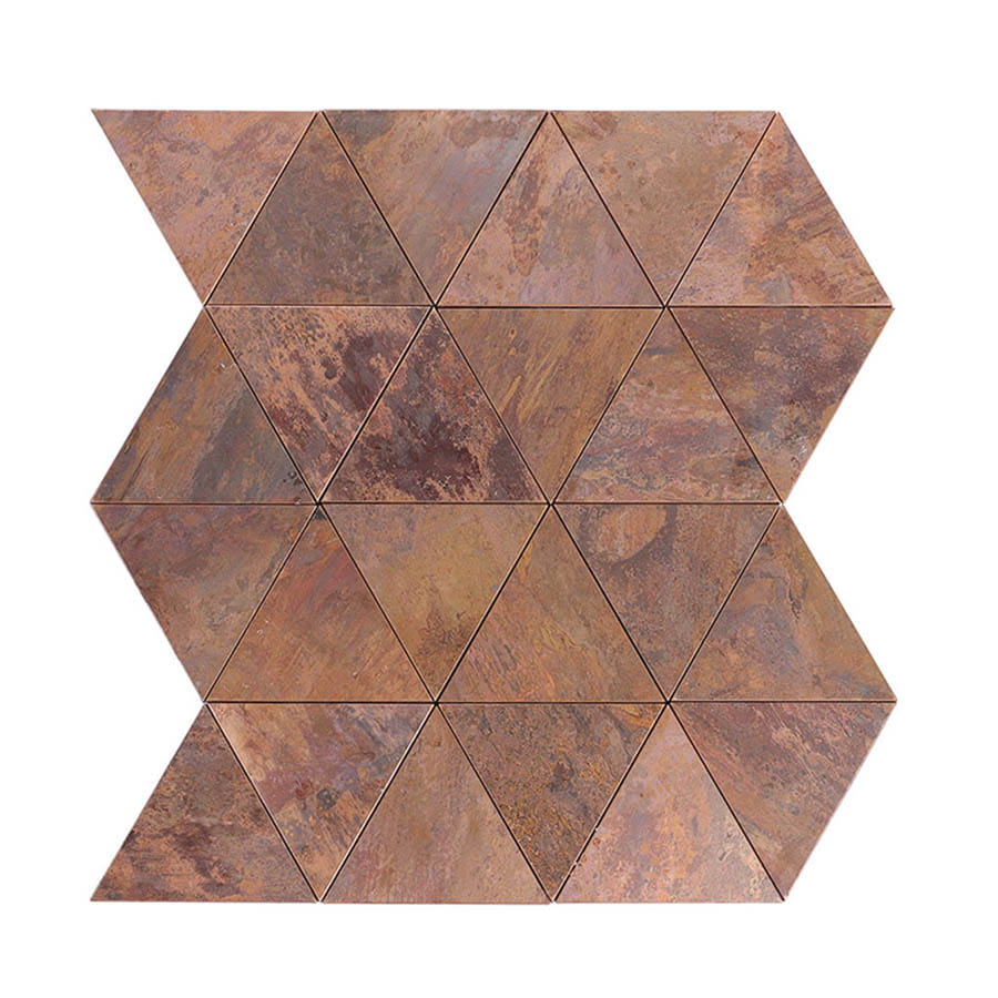Front view of triangle copper metal mosaic tile