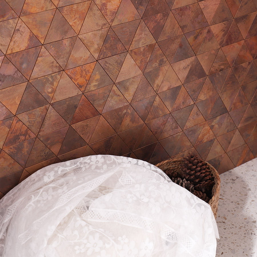 Triangle copper metal mosaic tile wall with home decor