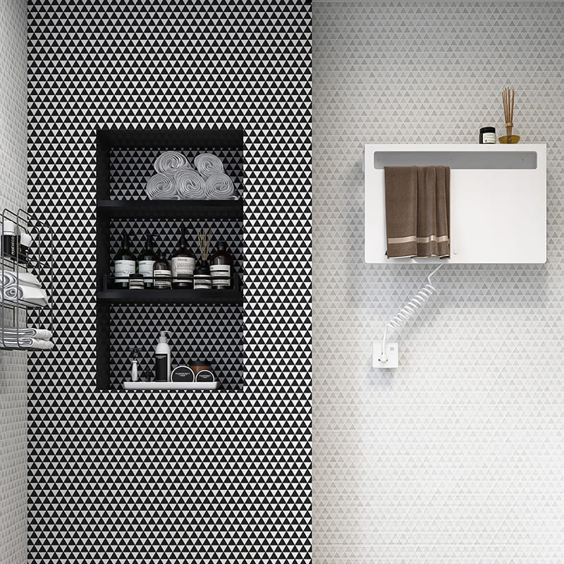 Black and white triangle tile backsplash with shelves in bathroom