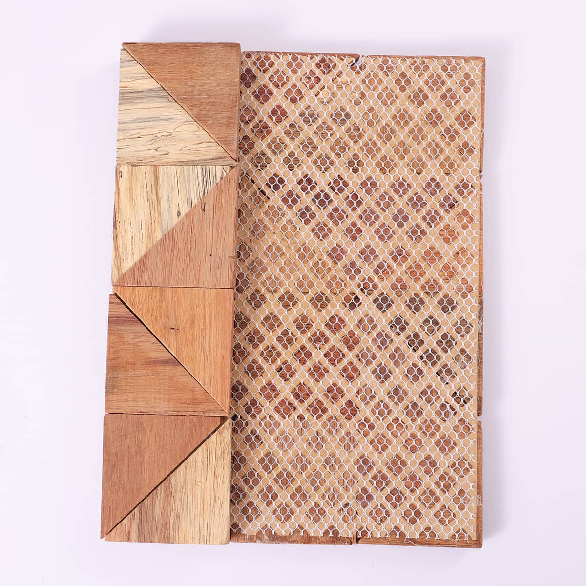 Triangle wood mosaic tile with mesh backing for installation