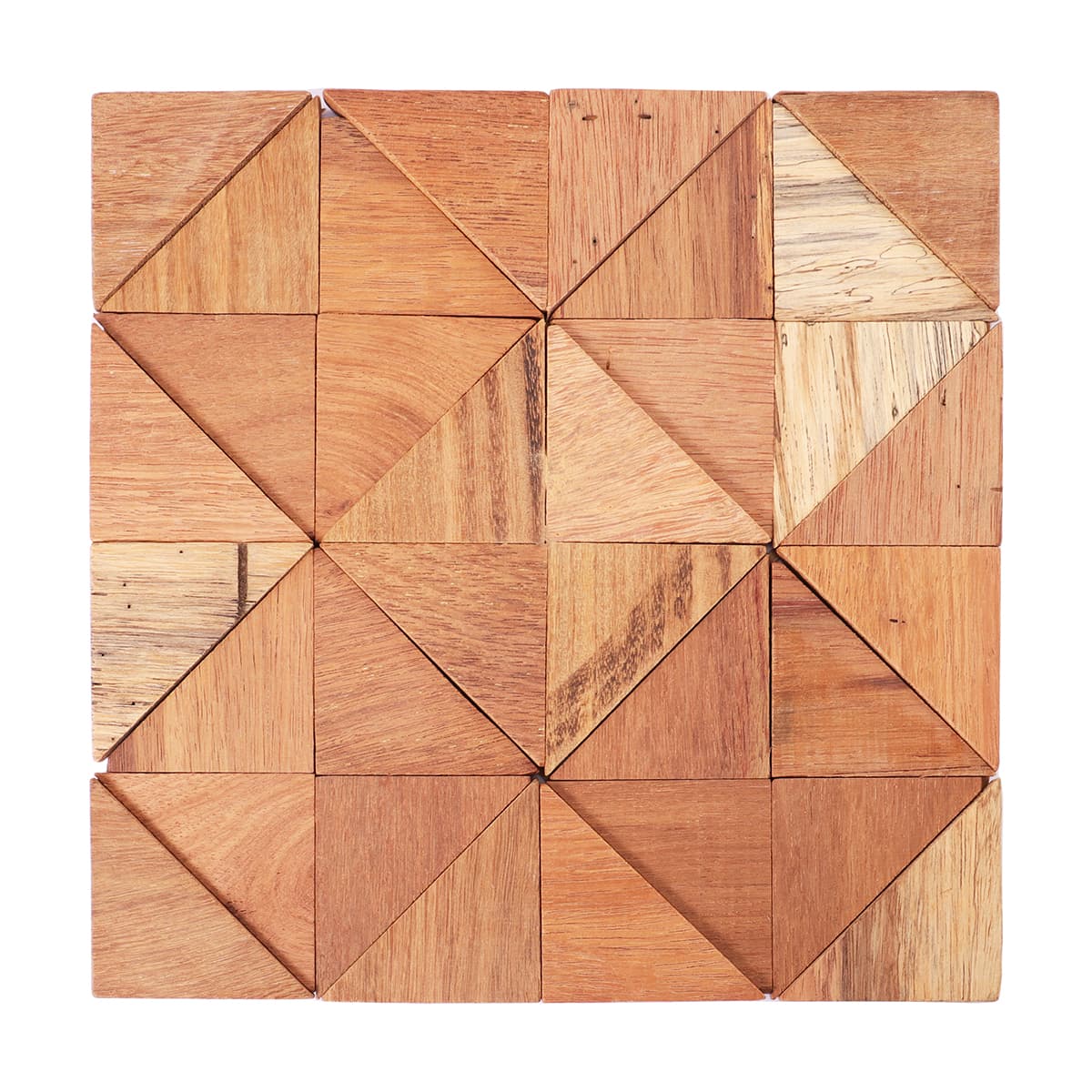 Triangular wood mosaic tile in geometric pattern front view