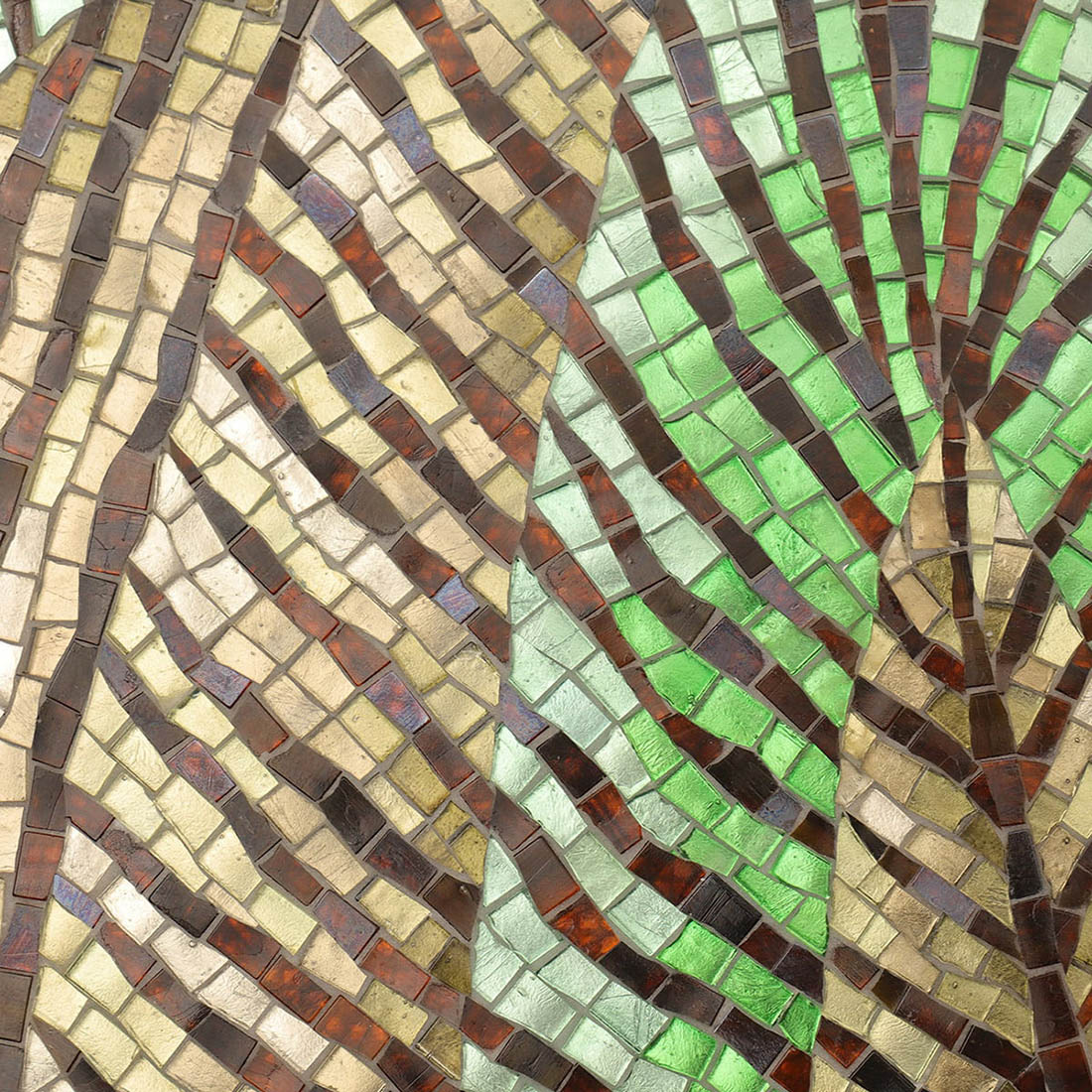 Full view of a handmade tropical leaf glass mosaic mural