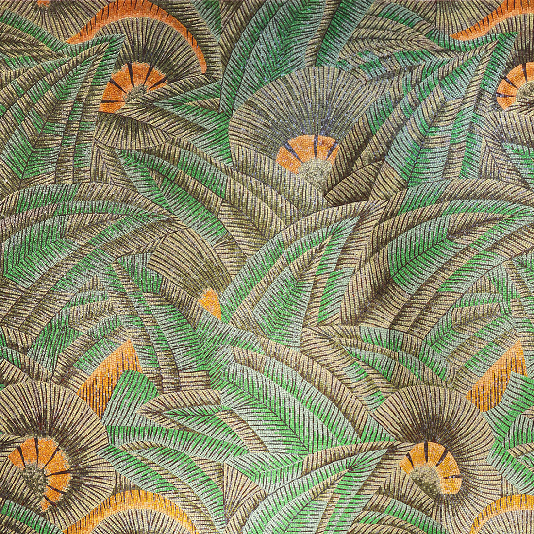 Detailed mosaic of tropical green and brown leaves with orange accents