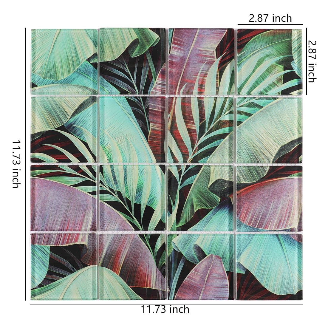Tropical leaf patterned glass mosaic tile sheet with 2.87 inch square pieces
